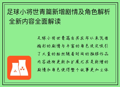 足球小将世青篇新增剧情及角色解析 全新内容全面解读